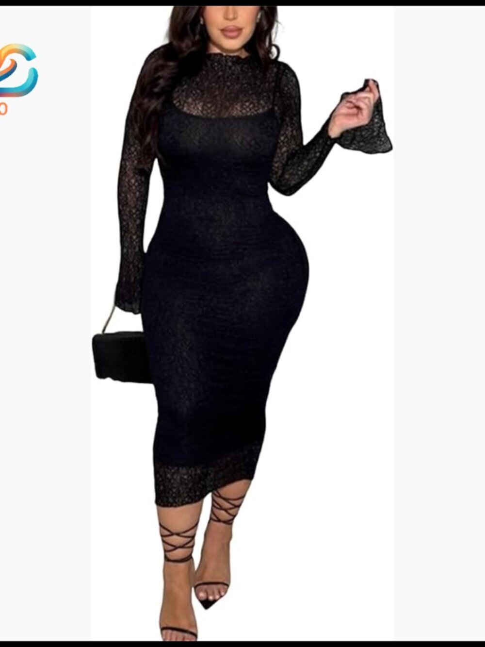 Bodycon Midi Dress Lace Long Sleeve Sheer Mesh Wedding Guest Cocktail